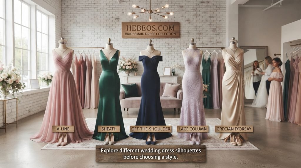 Hebeos.com bridesmaid dresses in different colors and fabrics