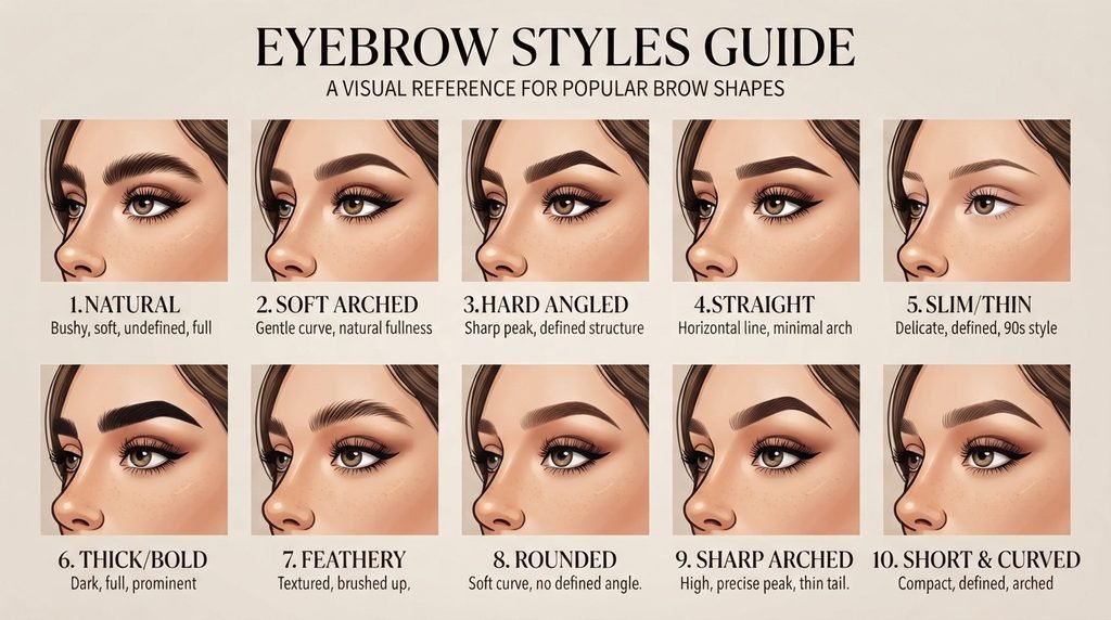 different eyebrow styles including natural, straight, soft arch, and high arch brows