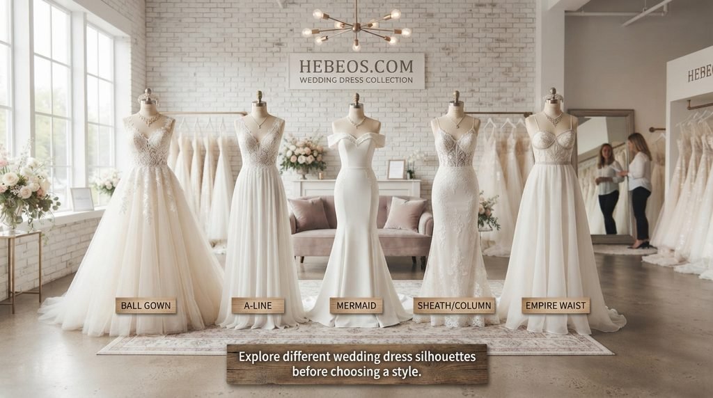 Hebeos.com wedding dresses in different styles and silhouettes