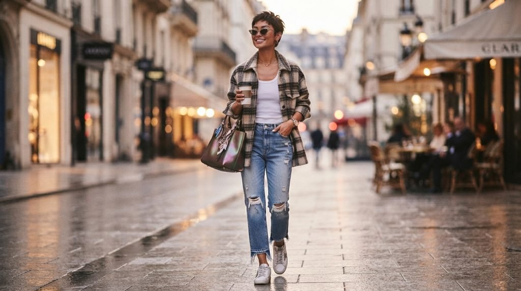 Woman styling a casual contemporary outfit